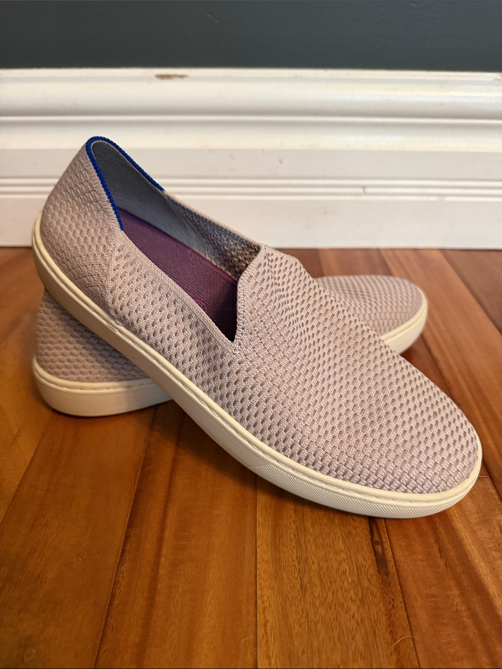 Rothy's Knit Slip-On Sneakers in Light Taupe with Blue Trim